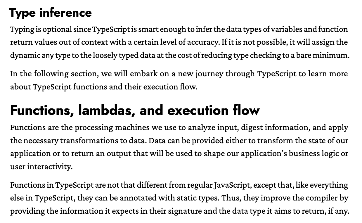 Trecho de livro técnico em inglês sobre TypeScript, lido sem tradutor
