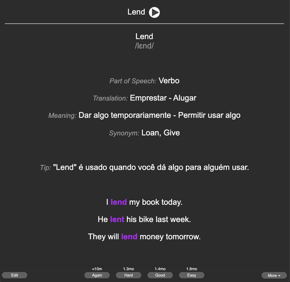 Exemplo de flashcard do Anki para a palavra "Lend"