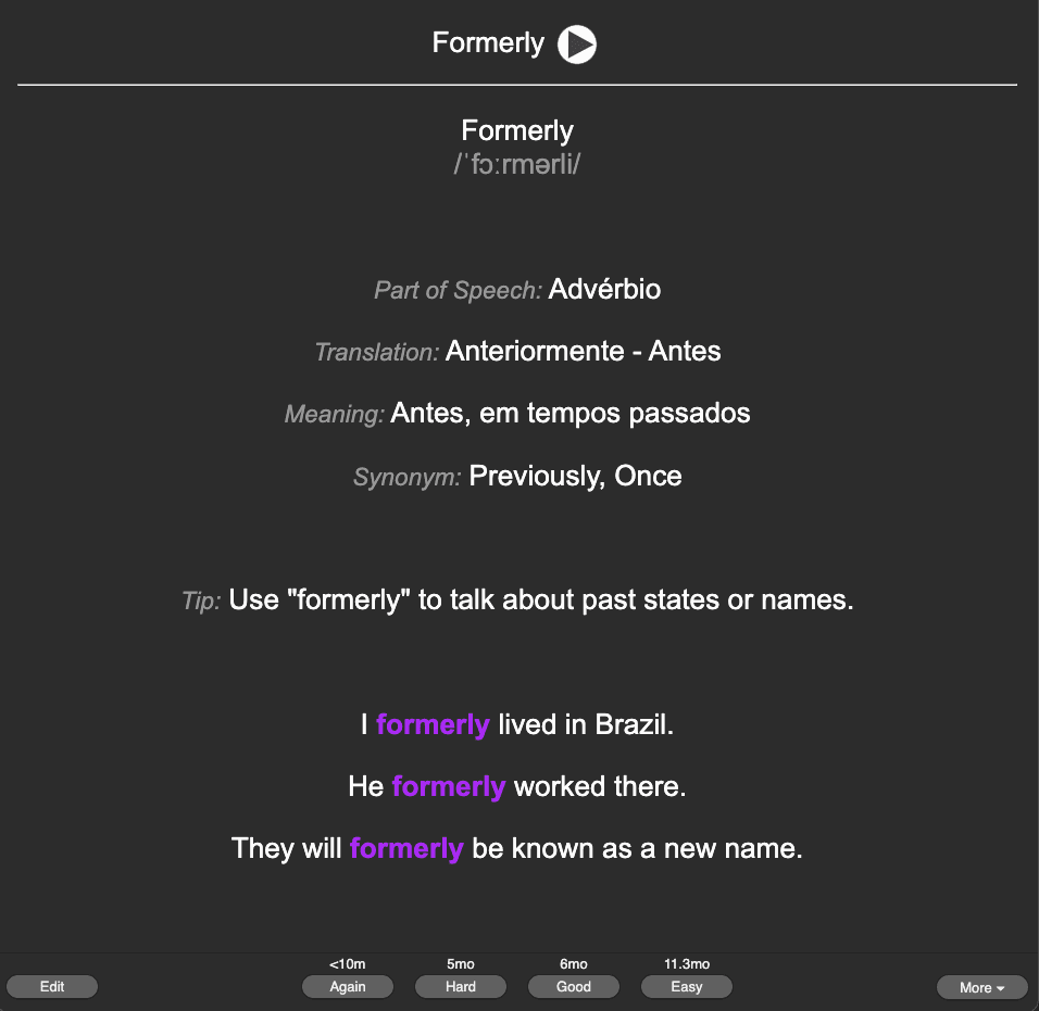 Exemplo de flashcard do Anki para a palavra "Formerly"