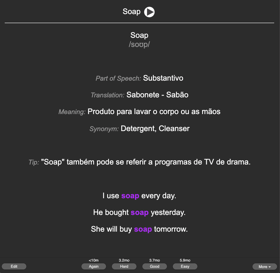 Exemplo de flashcard do Anki para a palavra "Soap"